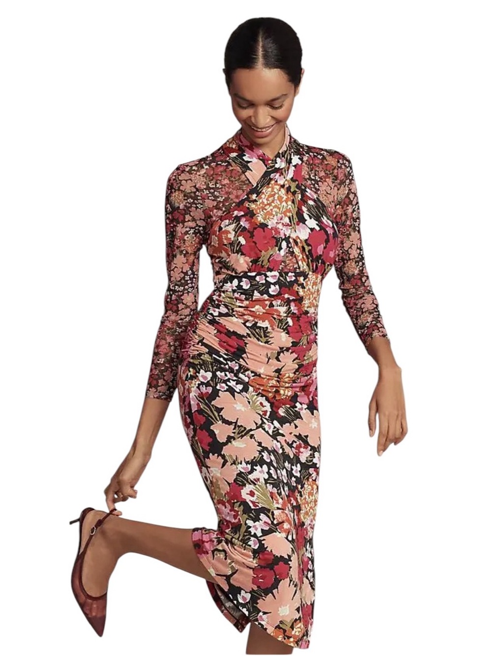 NWT Anthropologie Floral Mesh Ruched Midi Dress Size Small MSRP $168